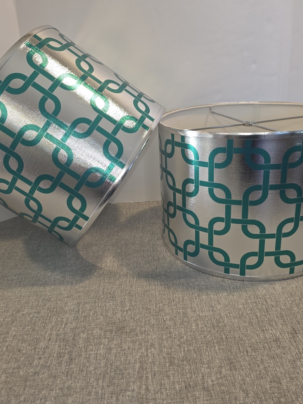 Vintage MCM Style Metallic Silver Teal Green Geometric Drum Lampshades Set of 2
